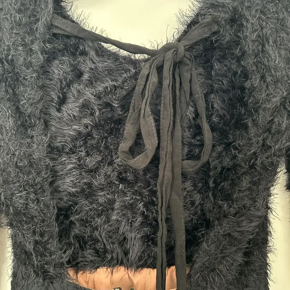 For Love & Lemons Knitz Francoise Fuzzy Lace Romper – Black Open Back Bow S - Picture 7 of 8